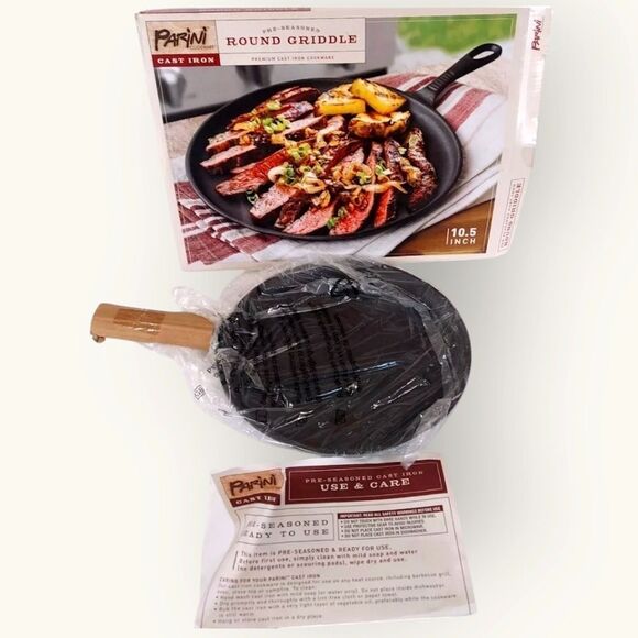 NIB Parini Premium Cast Iron 10.5” Round Griddle Seasoned Shallow Cooking Pan - Picture 1 of 7
